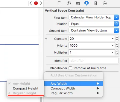 Добавление варианта констрейнта для Any Width и Regular Height в Interface Builder