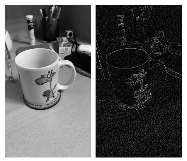 A grayscale photo of a mug on a desk next to the same photo after the Laplacian filter, where only the edges remain