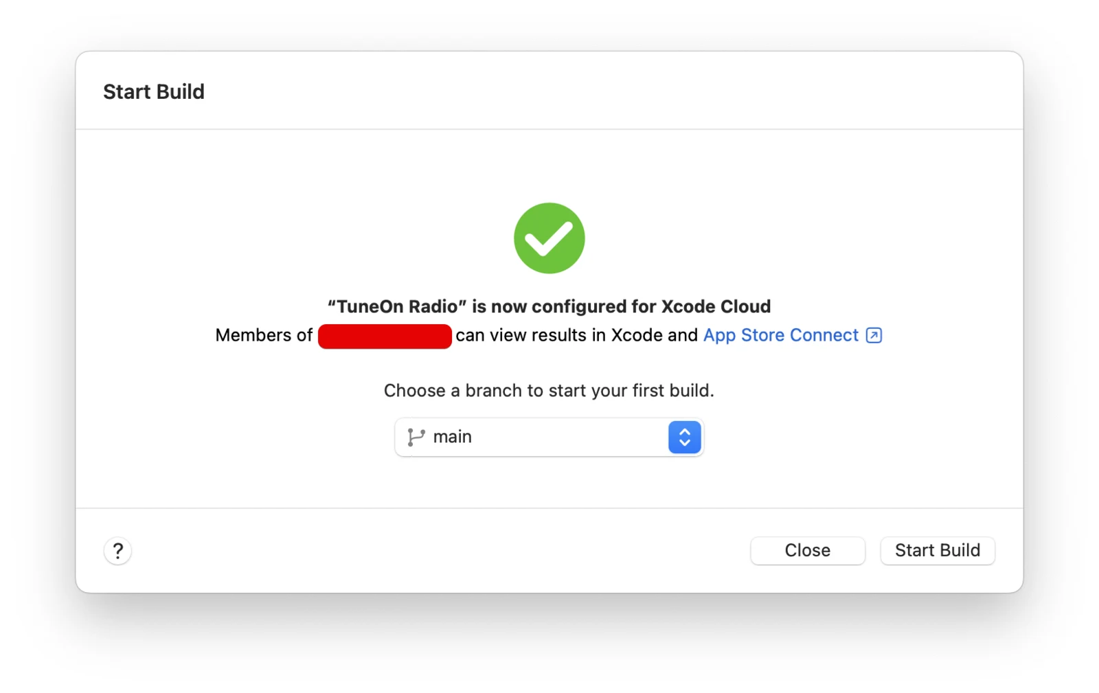 Choosing a branch for the first Xcode Cloud build