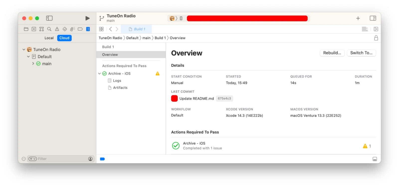 The overview of the first Xcode Cloud build