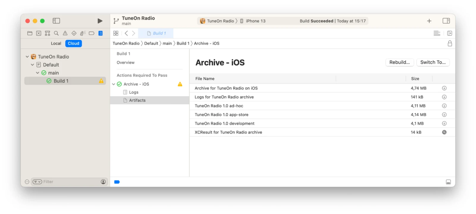 Build artifacts: the archive, logs and IPA files for ad hoc, App Store and development distribution