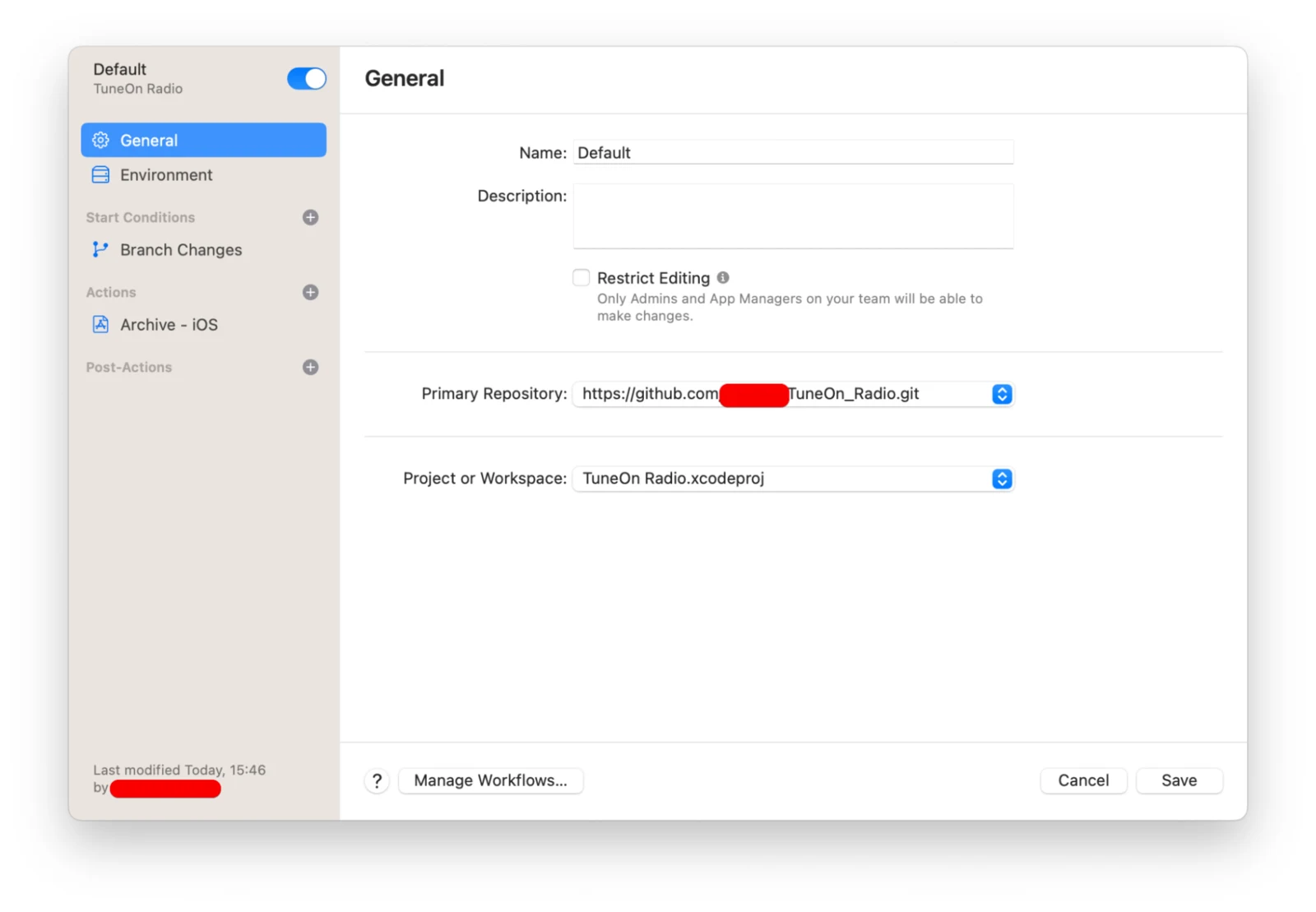 The General section of the workflow editor