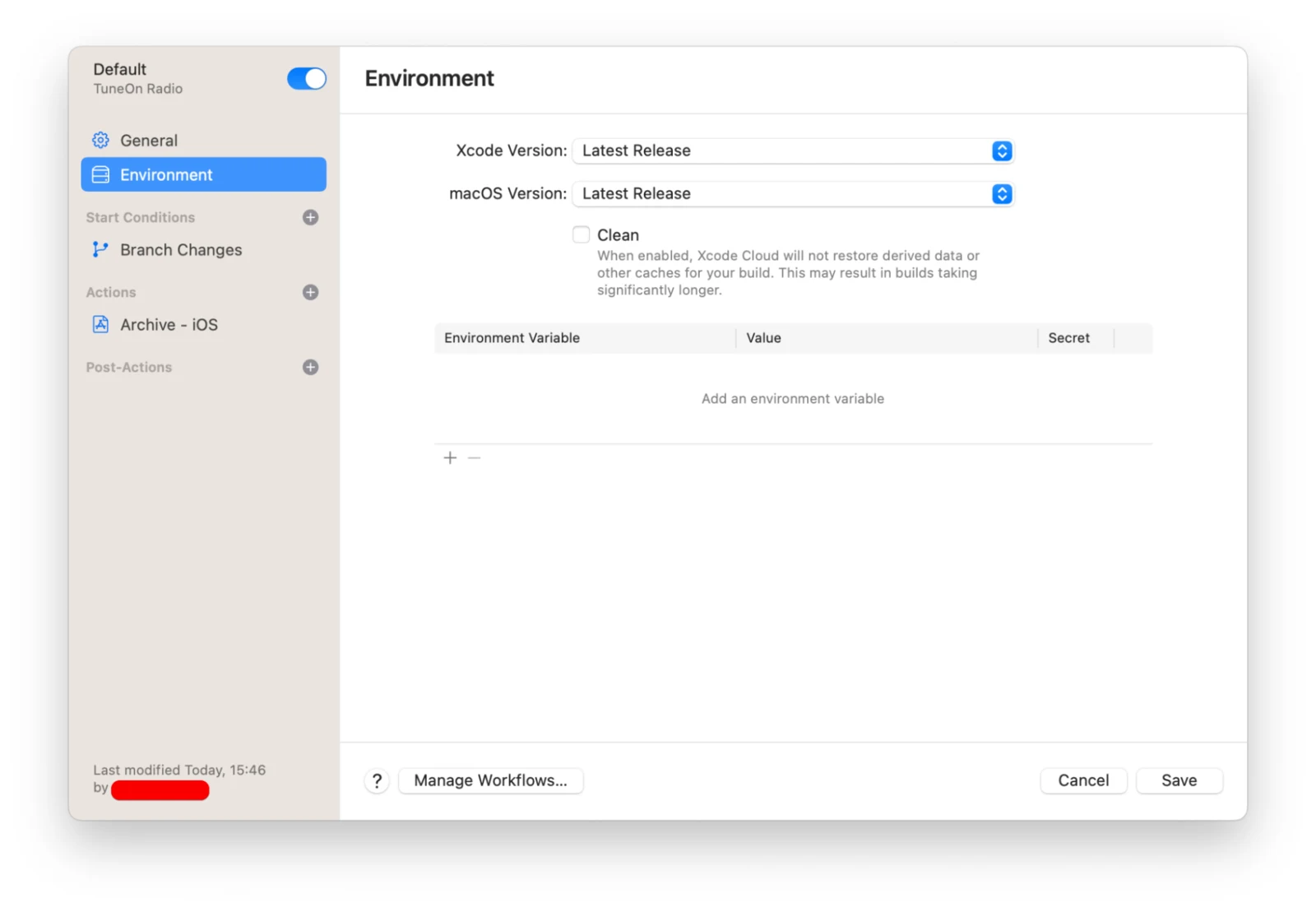 The Environment section of the workflow editor