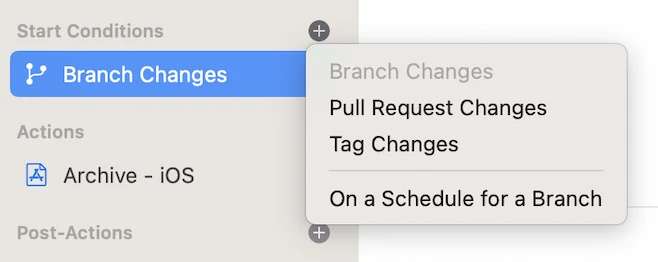 Start condition options: branch changes, pull request changes, tag changes and a schedule for a branch