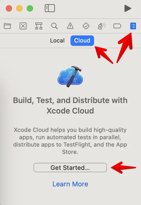 The Cloud tab in Xcode’s Report Navigator with the Get Started button