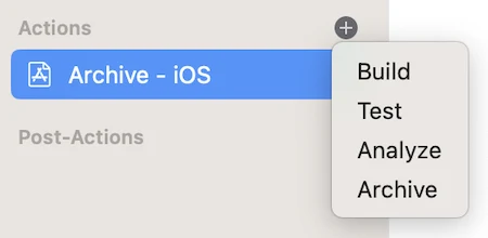 Action options: build, test, analyze and archive