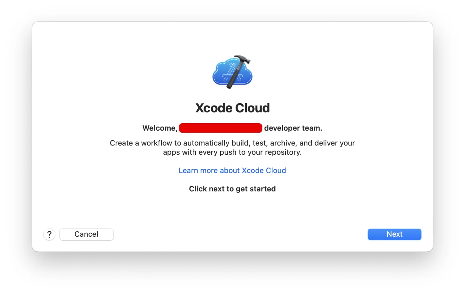 The Xcode Cloud welcome screen
